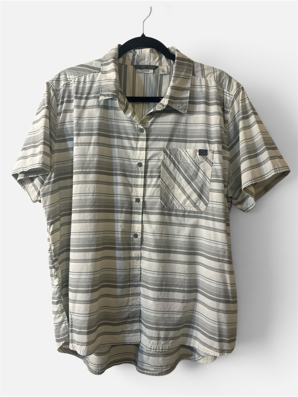L.L. Bean Short-Sleeve Button-Down in Cream and Gray Stripe